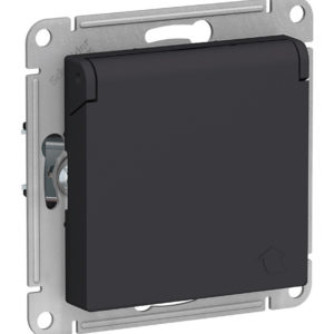 Розетка Systeme Electric ATLASDESIGN, скрытый монтаж, с заземлением, с крышкой, со шторками, карбон